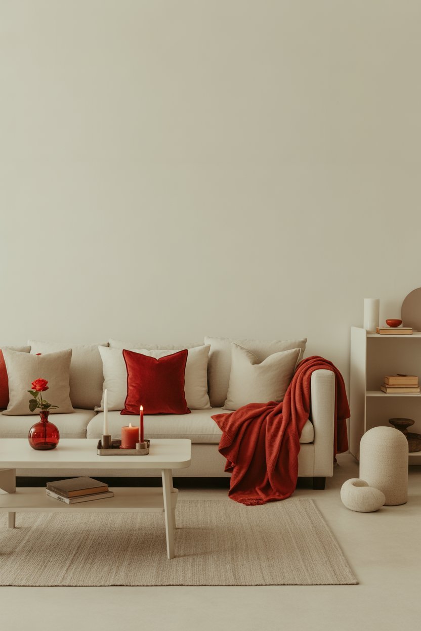 Paleta de color neutra con acentos rojos