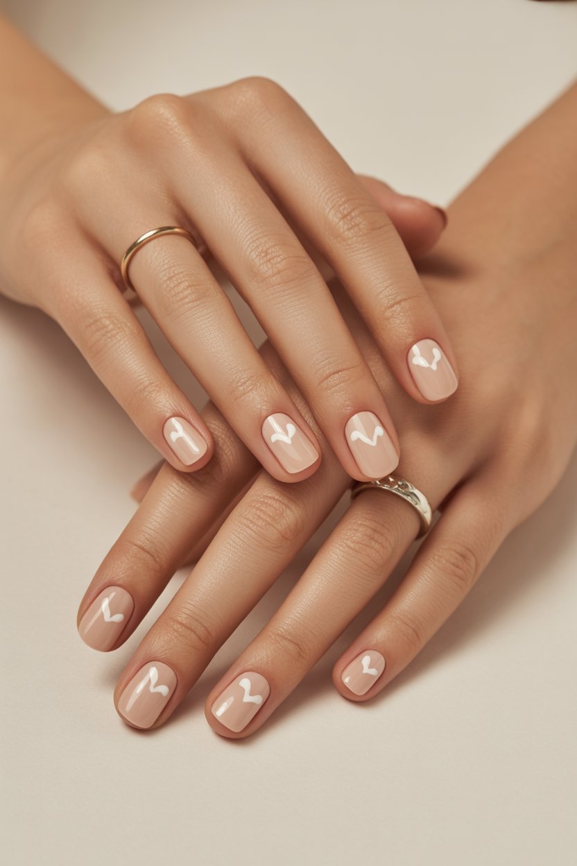 Uñas nude con mini corazones blancos